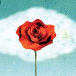 An artistic representation of a red rose against a textured blue background with a cloud-like shape behind it.