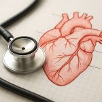 Stethoscope resting beside a detailed illustration of a human heart on graph paper