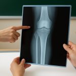 Two hands pointing at a knee X-ray during a discussion in a classroom setting
