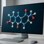 computer monitor displaying a molecular model of peptides with colored balls representing atoms